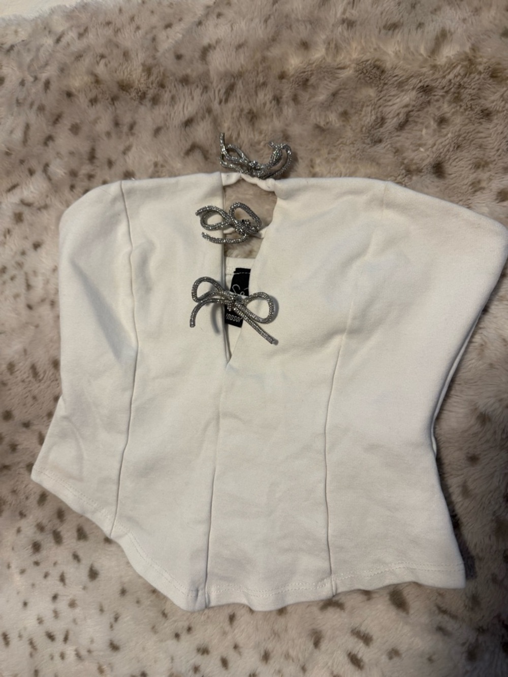 Windsor White Strapless Top with Rhinestone Bows Detail